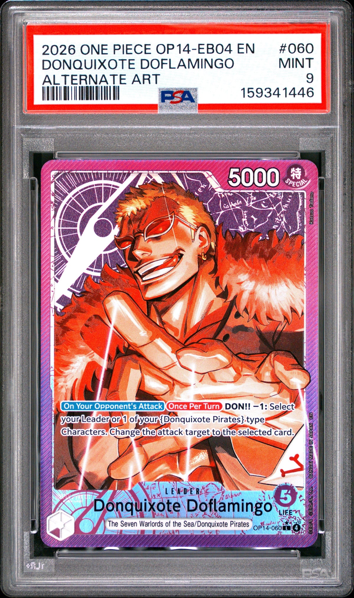 One Piece Op14 Eb04 The Azure Sea's Seven 060 Donquixote Doflamingo Alternate Art PSA 9 MINT