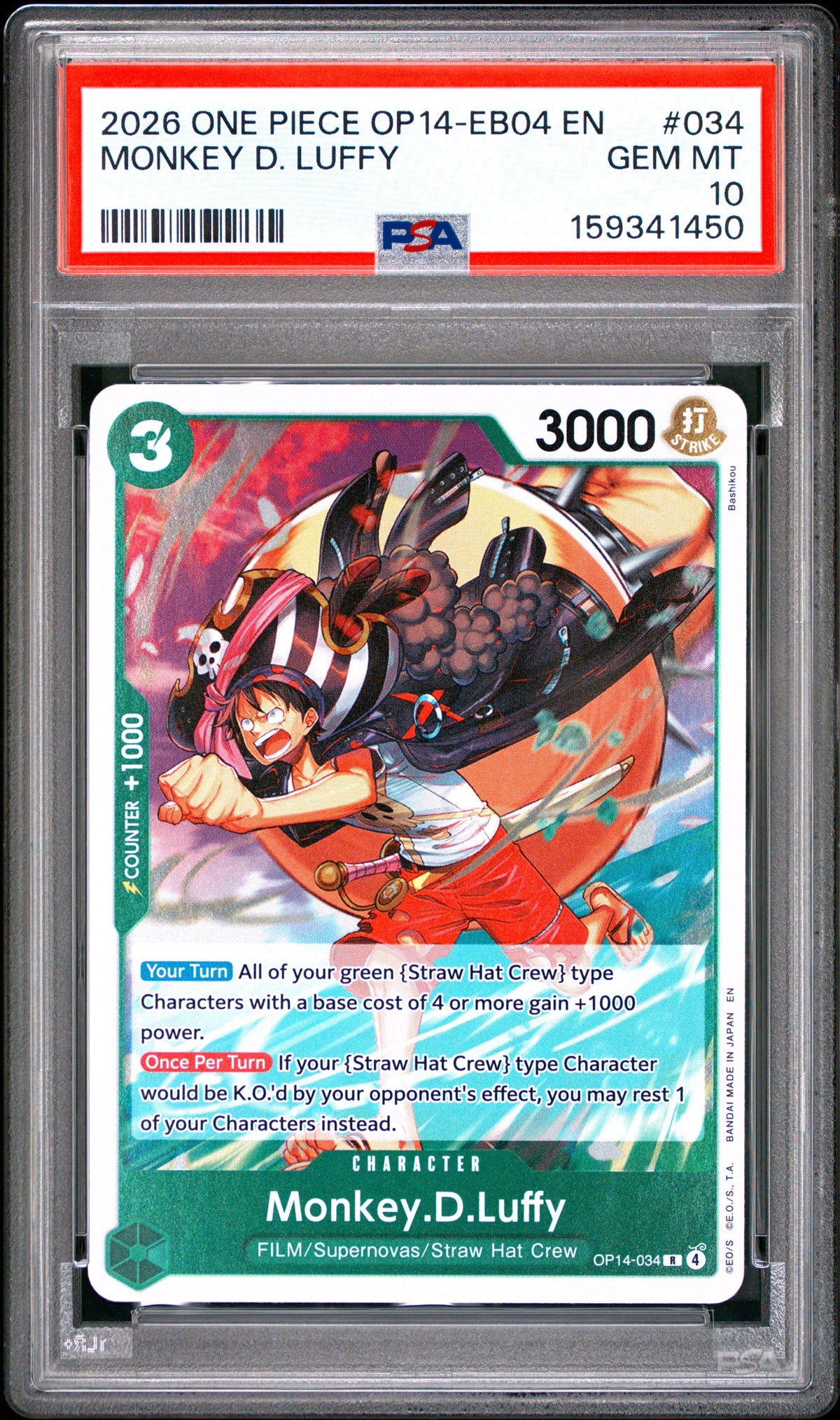 One Piece Op14 Eb04 The Azure Sea's Seven 034 Monkey D. Luffy PSA 10 GEM MINT