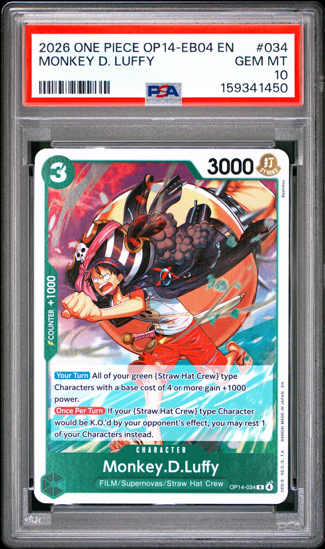 One Piece Op14 Eb04 The Azure Sea's Seven 034 Monkey D. Luffy PSA 10 GEM MINT