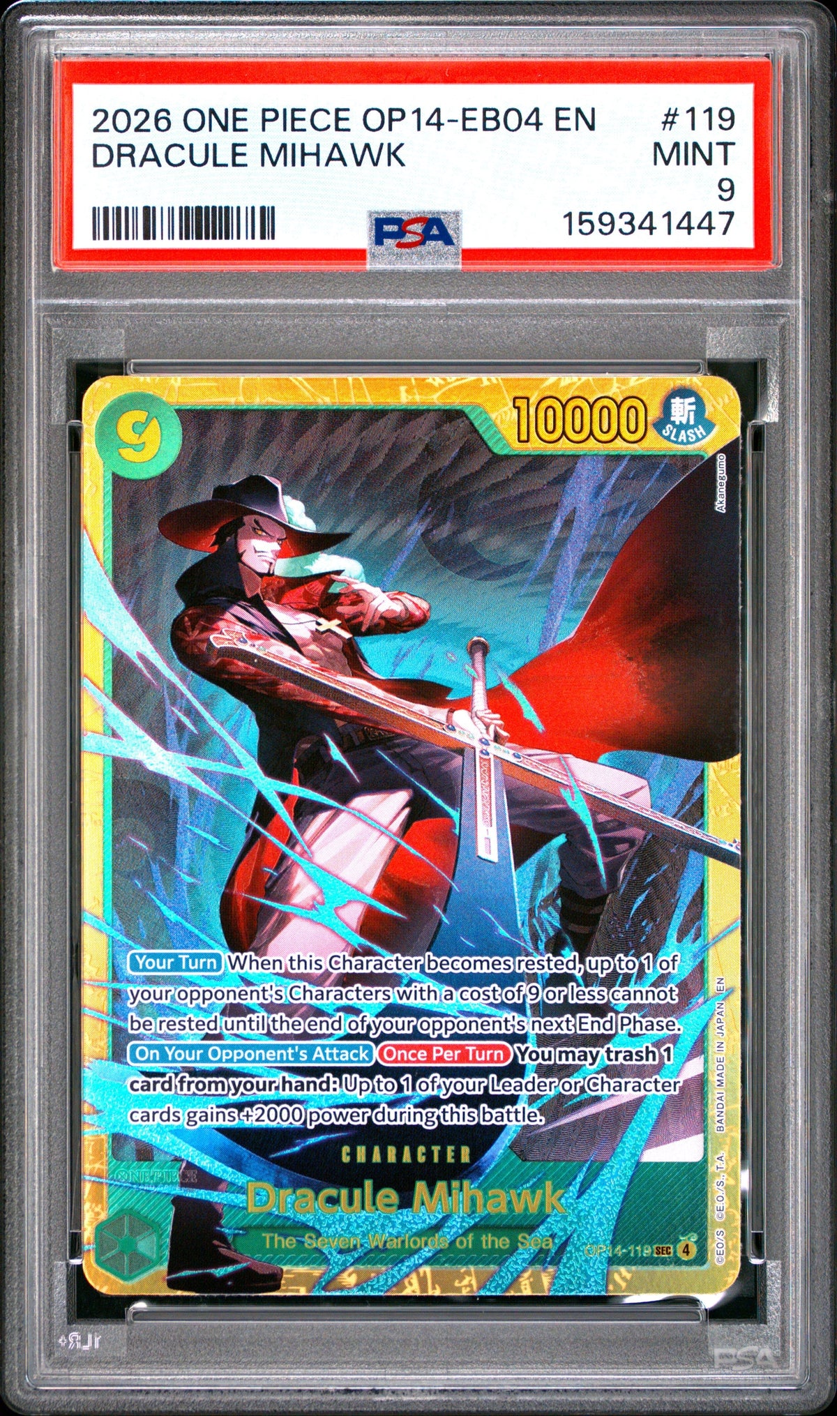 One Piece Op14 Eb04 The Azure Sea's Seven 119 Dracule Mihawk PSA 9 MINT