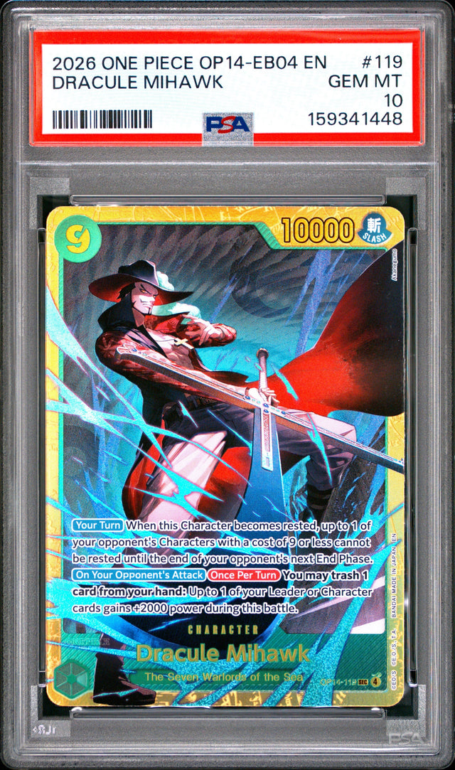 One Piece Op14 Eb04 The Azure Sea's Seven 119 Dracule Mihawk PSA 10 GEM MINT